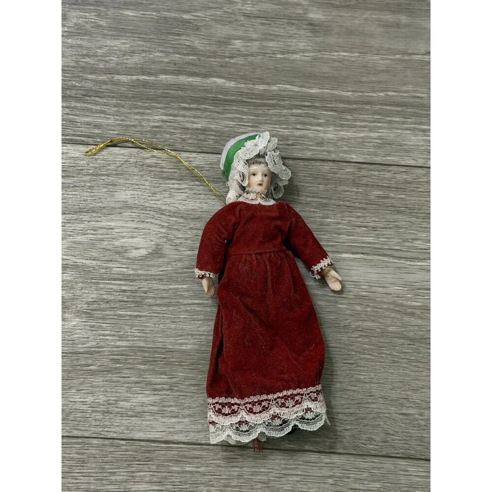 VTG Victorian Style Porcelain Woman Doll Red Velvet Dress/Holly Bonnet Ornament
